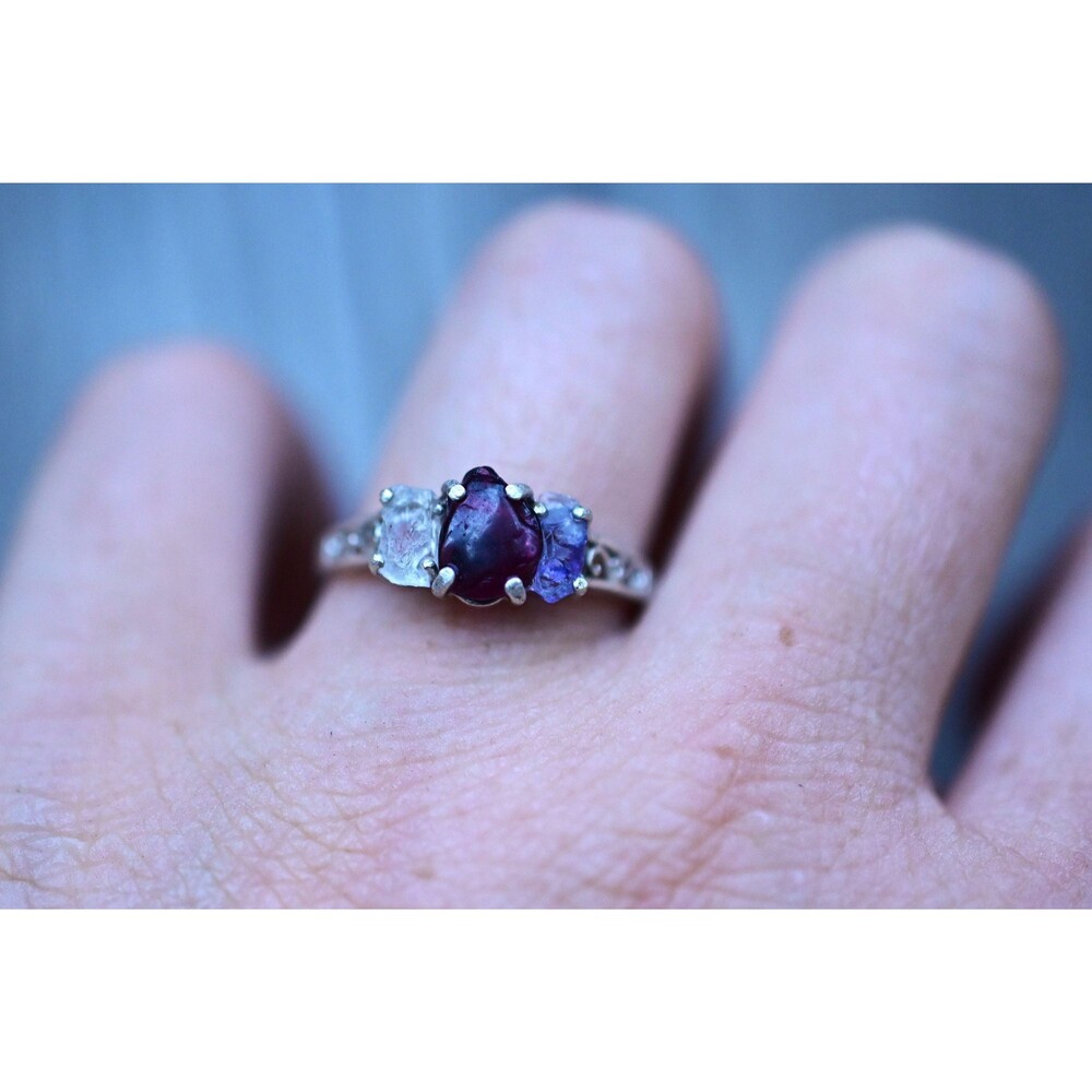 Garnet, tanzanite and lake county diamond alternative engagement ring, raw stone